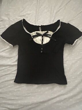 Black Milkmaid Top with White Lace Trim and Bow Detail